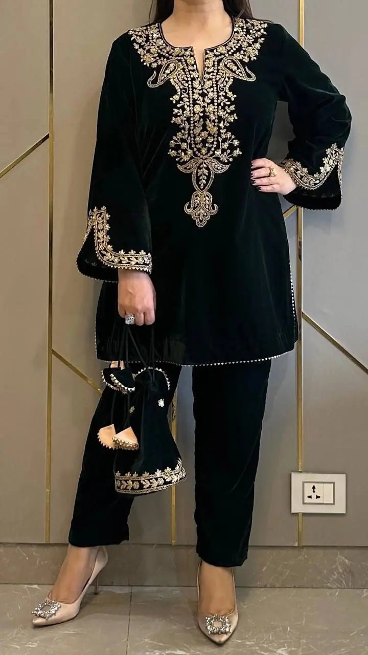 Neck Embroidery work Velvet Kurti Pant Set (Stitched) - Premium from Ethenika.com - Just INR 2190! Shop now at Ethenika.com