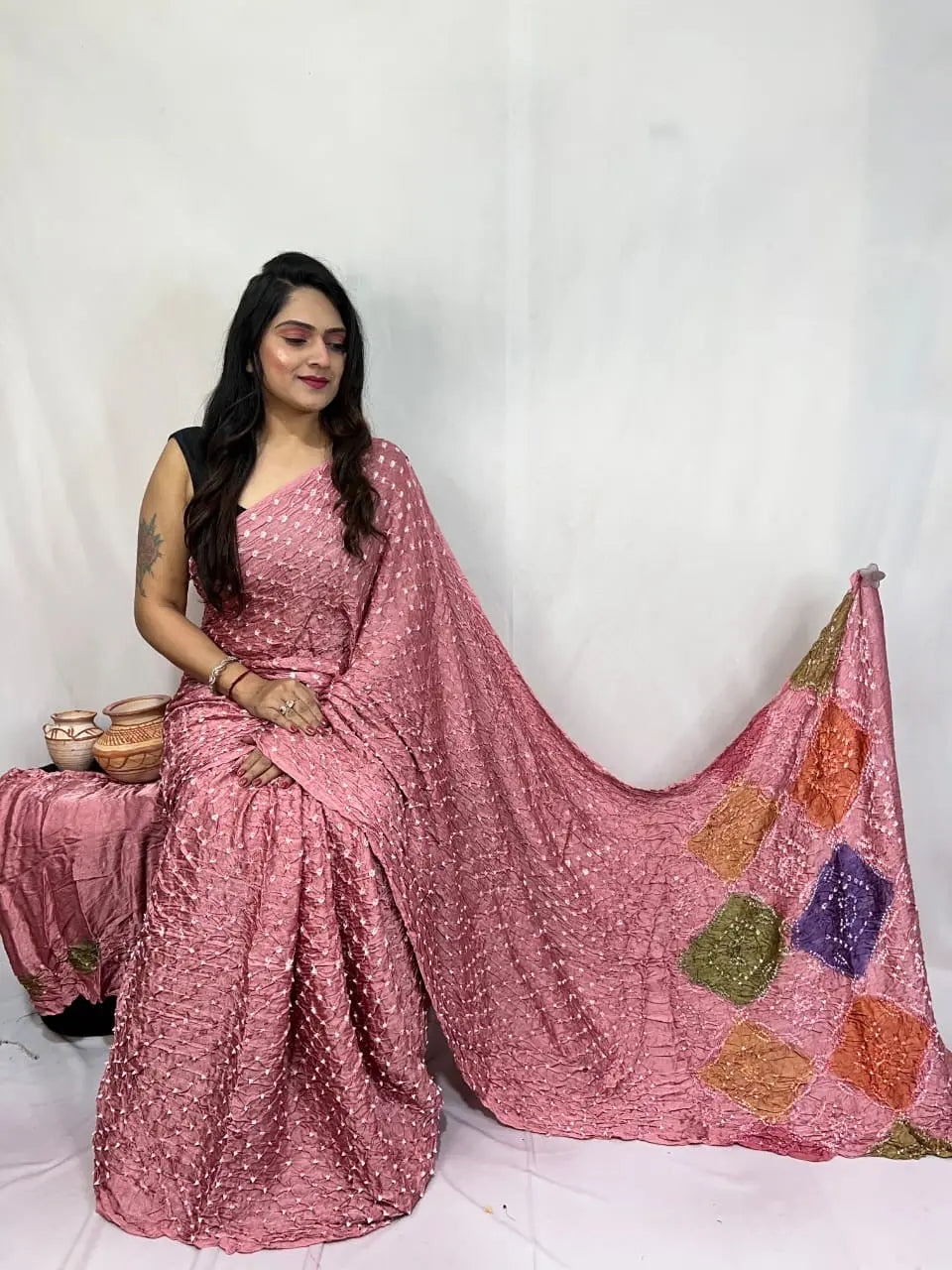 Pure Modal Silk Barik Bandhej Lagdi Pallu Bandhani Saree - Premium from Ethenika.com - Just INR 5990! Shop now at Ethenika.com