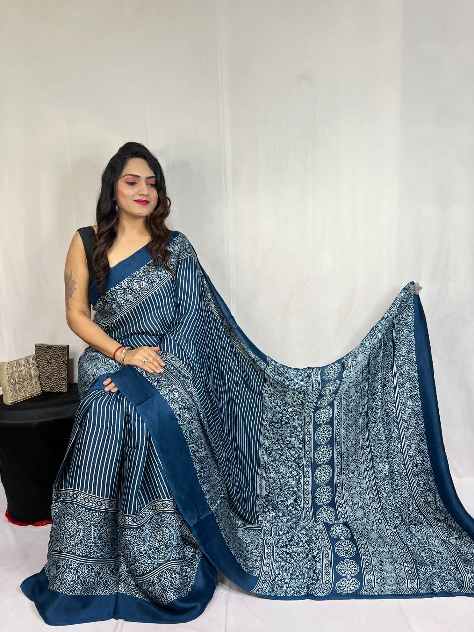 Modal Silk Authentic Hand Blocked Ajrakh work Saree - Premium from Ethenika.com - Just INR 3990! Shop now at Ethenika.com