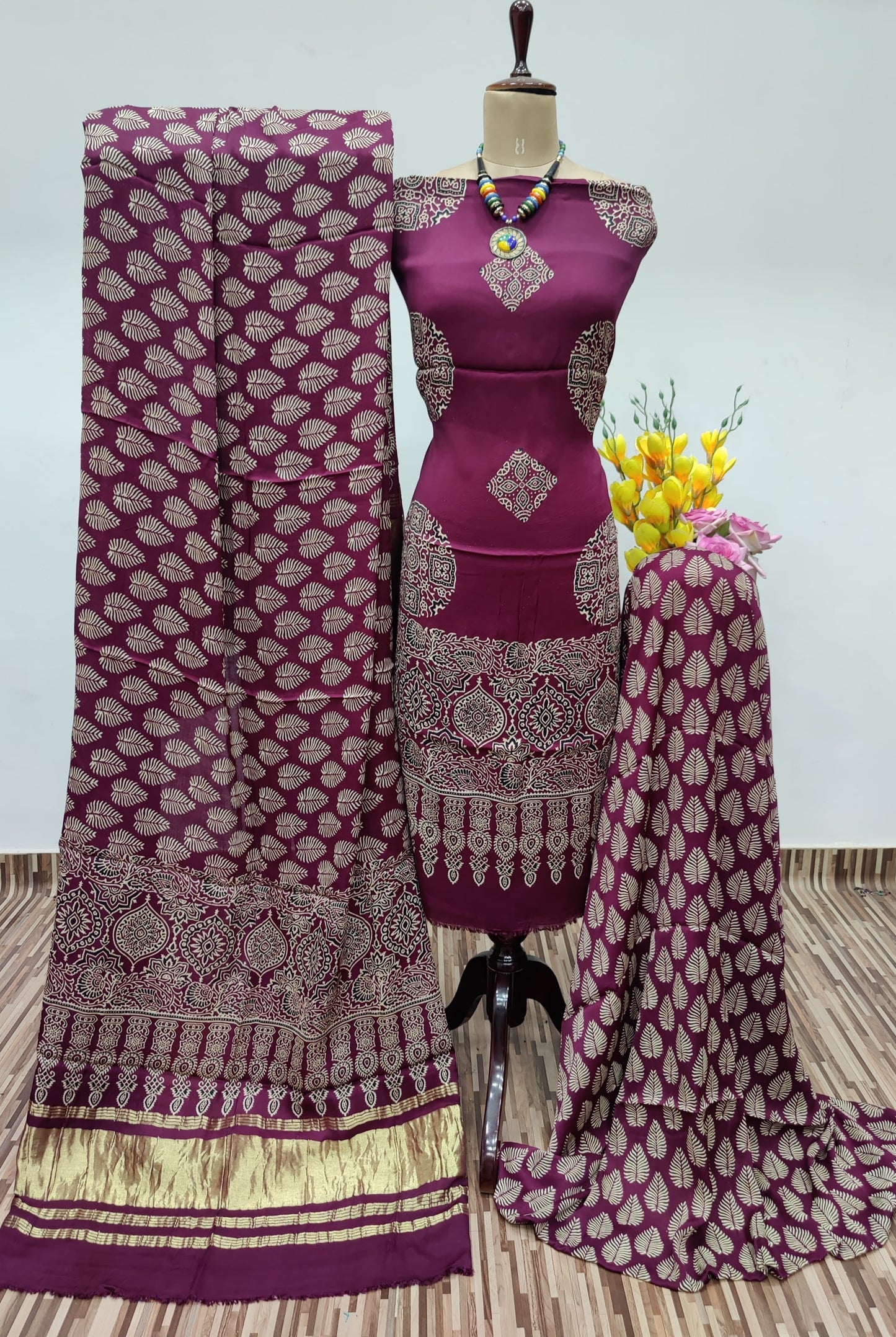 Modal Ghazi Silk Ajrakh Print Dress Material (Unstitched) - Premium from Ethenika.com - Just INR 5990! Shop now at Ethenika.com