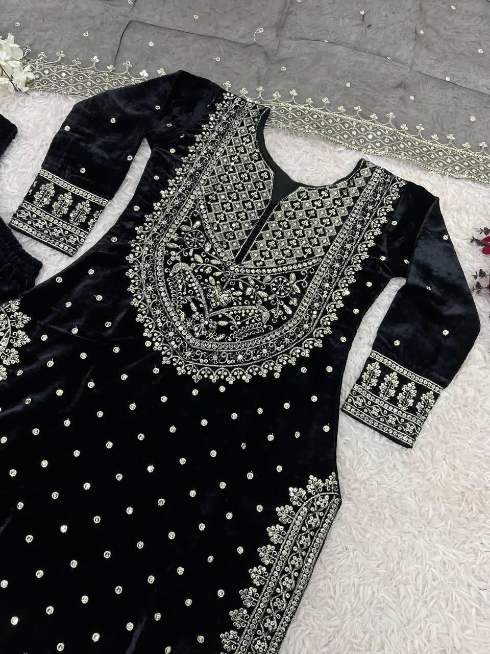 Ethenika Silver Thread Embroidery work Reasdy to wear Velvet Kurti Sharar Set - Premium from Ethenika.com - Just INR 4990! Shop now at Ethenika.com