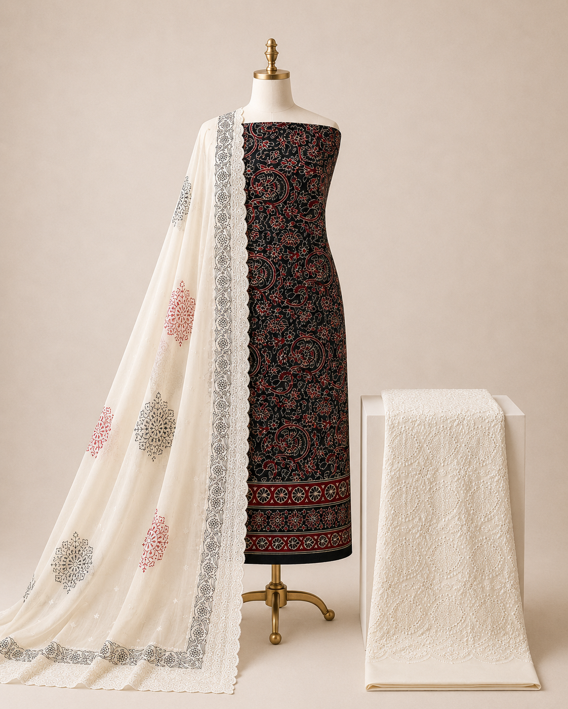 cotton chikan dress material Ajrakh Print Work – 3Pc Color:Black/White Sequin KissProm Tiered Ruffle A-Line occasion:elopement chicken curry dress material 2.50 MTRS WHITE CHIKEN