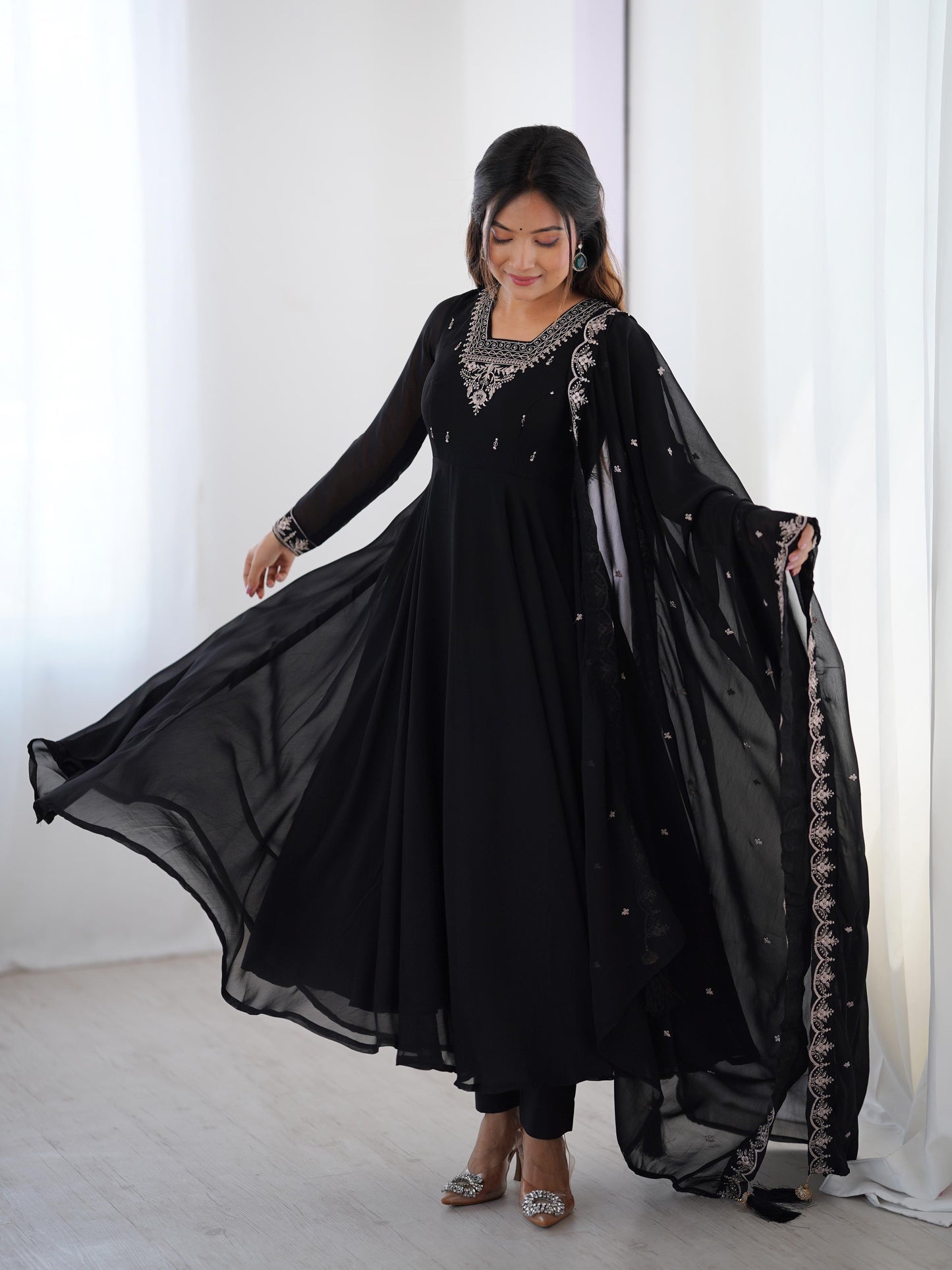 Soft Faux Georgette Black Beauty Anarkali Flair Party Wear Kurti Pant Dupatta Set (Ready to Wear) - Premium from Ethenika.com - Just INR 3990! Shop now at Ethenika.com