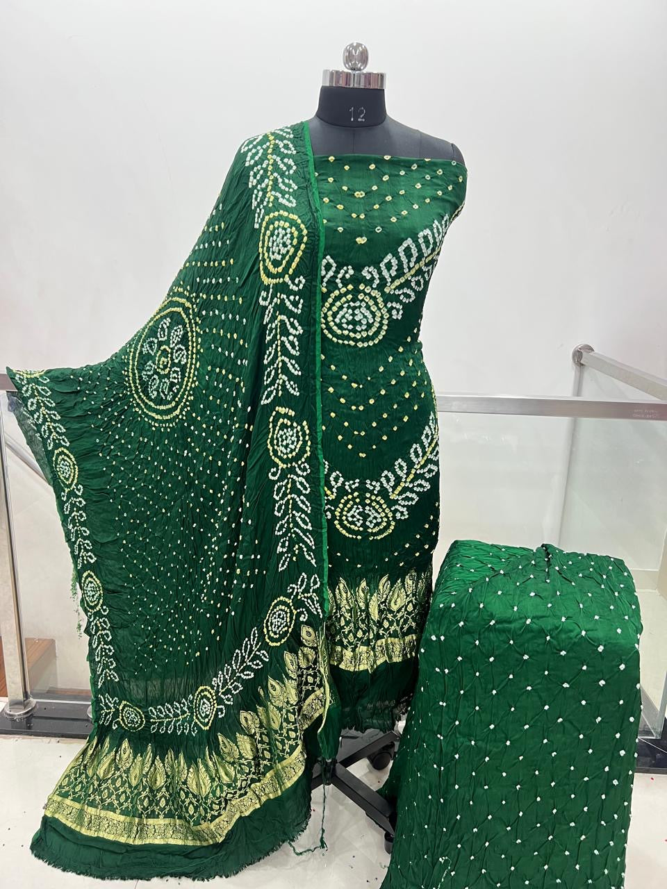 Modal Silk Original Jamnagar Hand Crafted Bandhej Work Bandhani Dress Material (Unstitched)