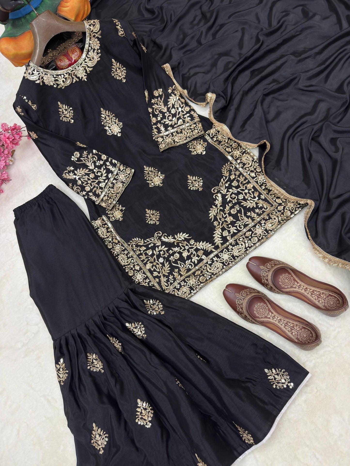 Chinon Silk Designer Kurti Sharara Dupatta Set
