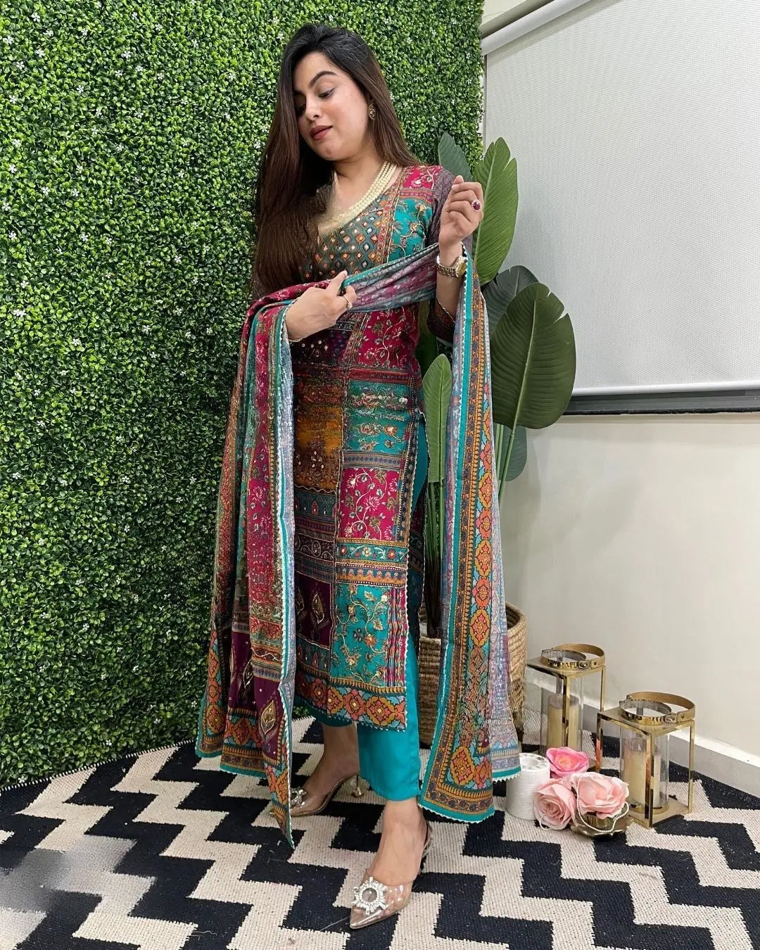 Muslin Real Mirror work Digital Print Party wear Kurti Pant Dupatta set - Premium from Ethenika.com - Just INR 2790! Shop now at Ethenika.com