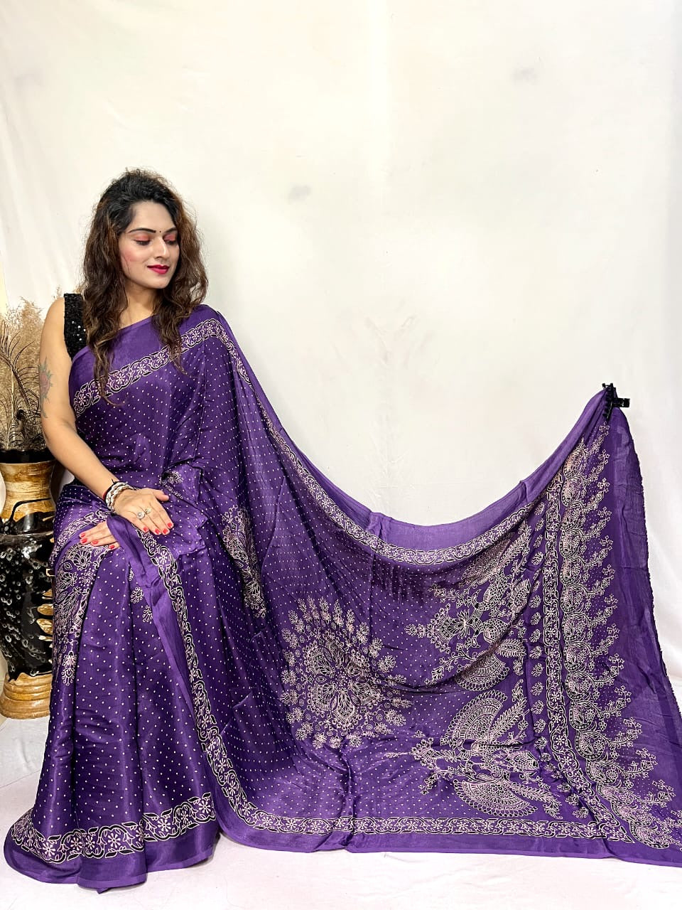 Modal Silk Ajrakh Bandhani Print Silk Saree - Premium from Ethenika.com - Just INR 5990! Shop now at Ethenika.com