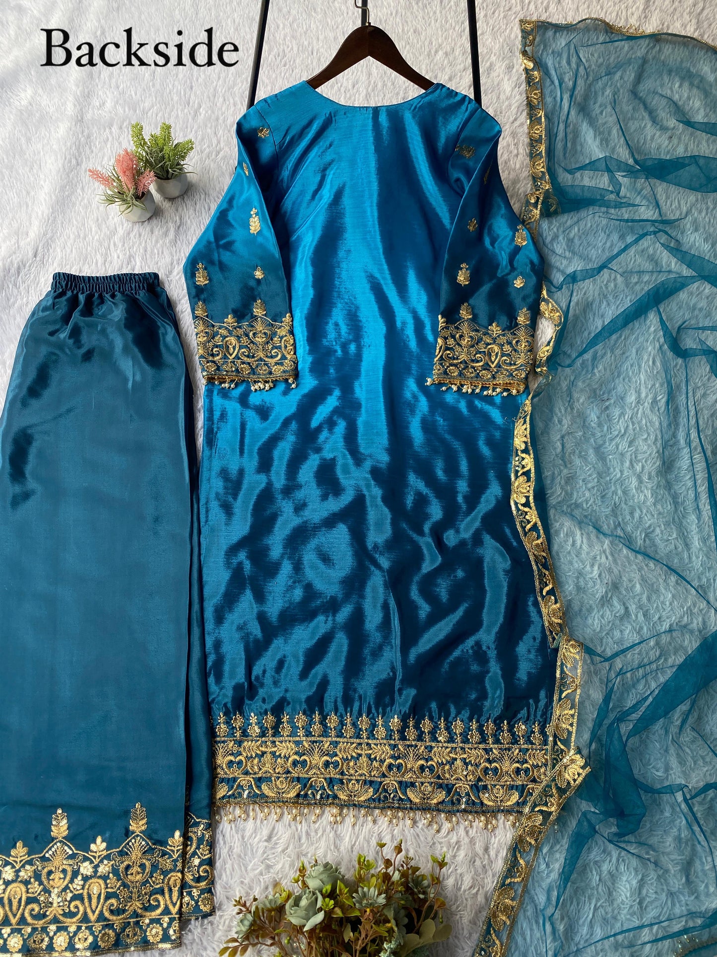 Chinon Silk Sequence Embroidery Work Eid Special Desinger Kurti Pant Dupatta Set (ready to wear)