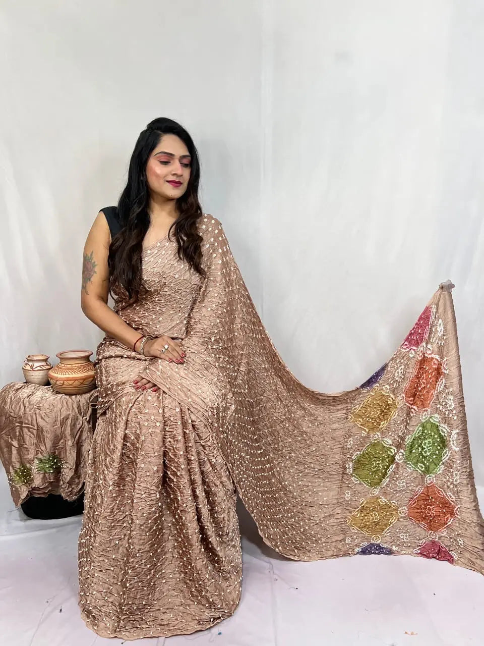 Pure Modal Silk Barik Bandhej Lagdi Pallu Bandhani Saree - Premium from Ethenika.com - Just INR 5990! Shop now at Ethenika.com