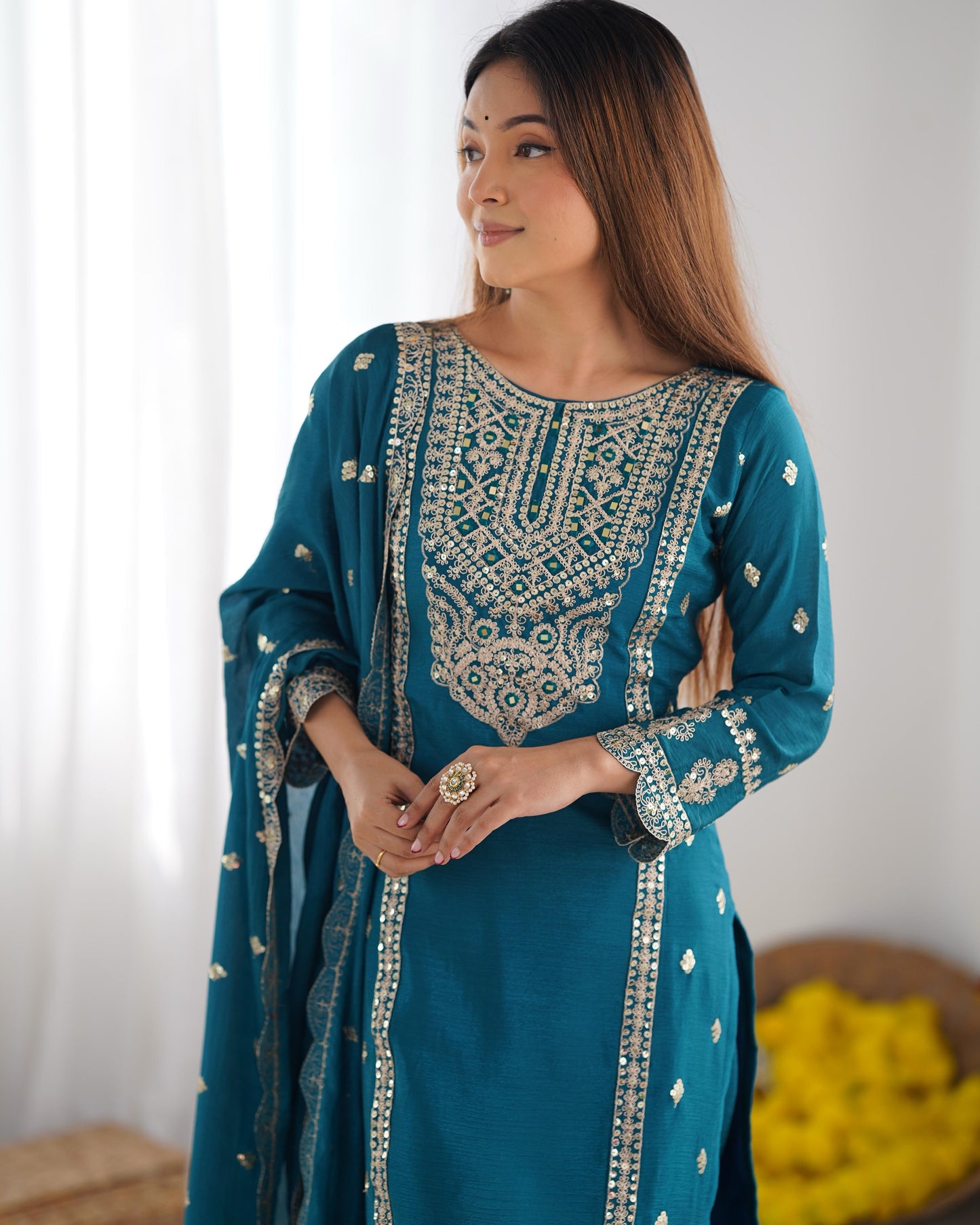 Chinon Silk Sequence Embroidery work Party Wear 3Pc Kurti Pant Dupatta Set (Stitched) - Premium from Ethenika.com - Just INR 3590! Shop now at Ethenika.com