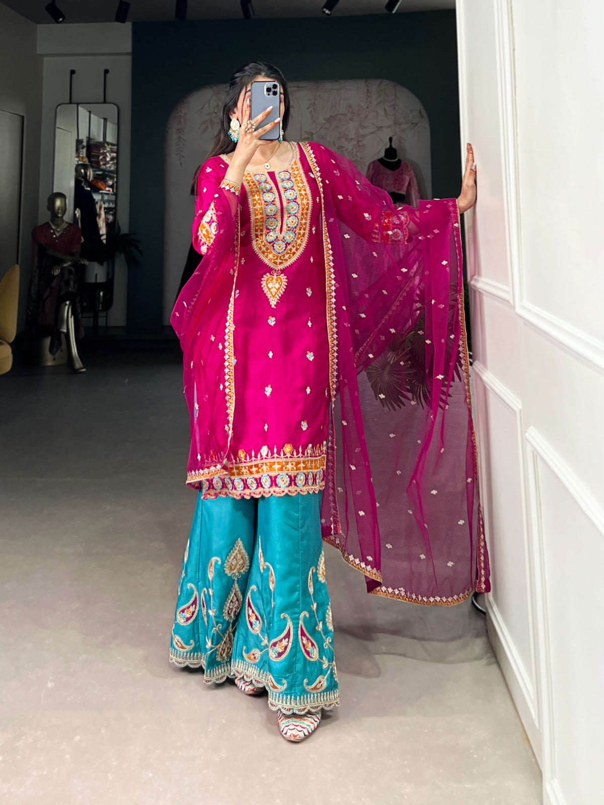 Ethenika Silk Sequence Embroidery Work Kurti Sharara Dupatta Set (Stitched) - Premium from Ethenika.com - Just INR 4990! Shop now at Ethenika.com
