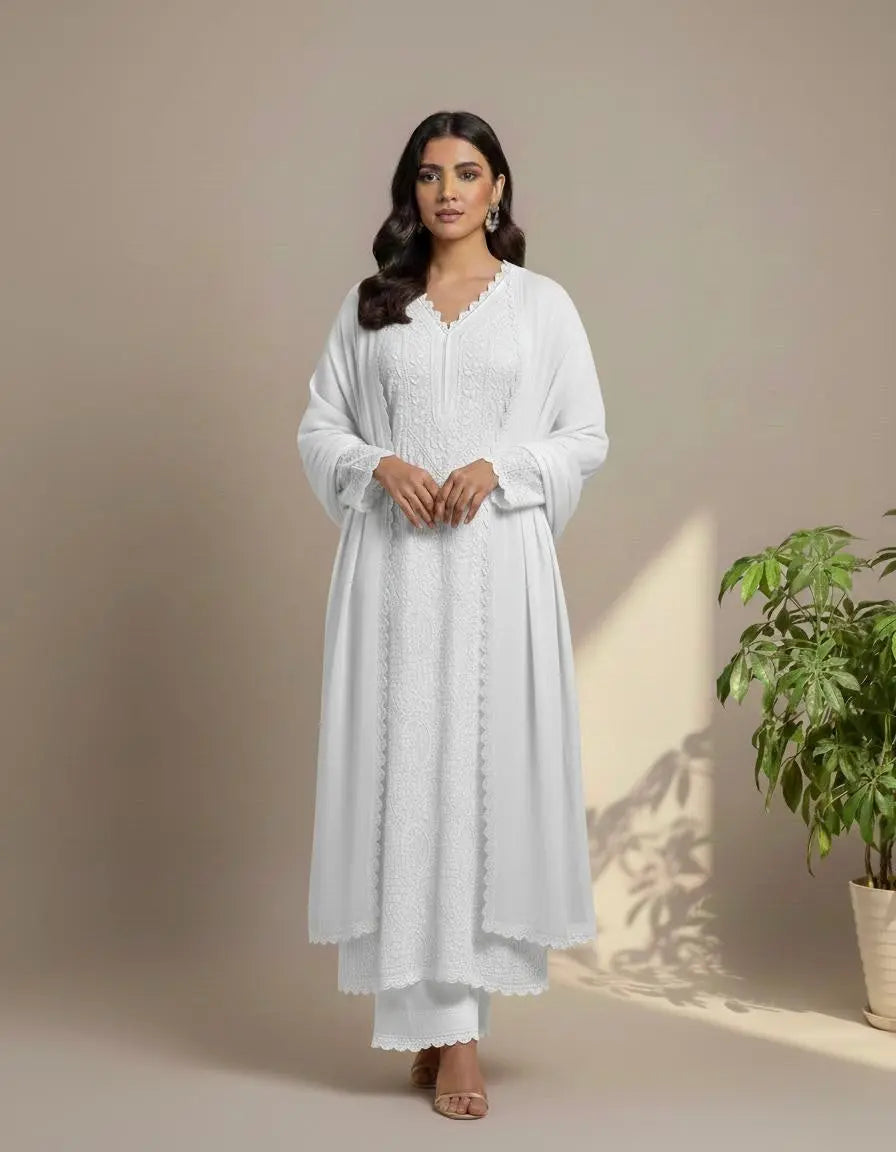 Faux Georgette Ready Wear Chikankari Kurti Pallazo Set Ethenika.com
