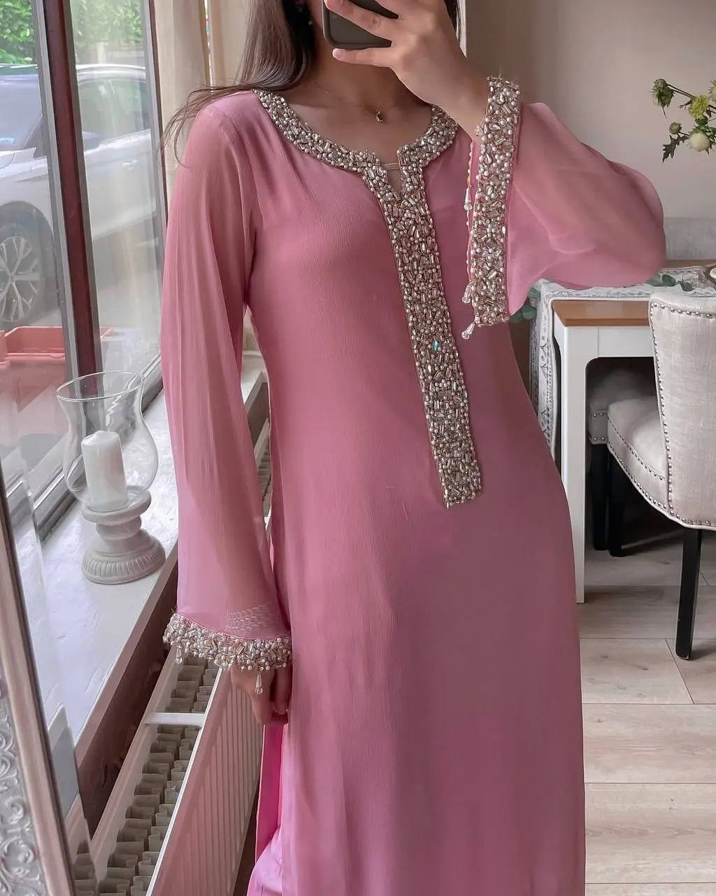 Faux Georgette Real Moti Work Kurti Pant Dupatta Set (Stitched) - Premium from Ethenika.com - Just INR 2990! Shop now at Ethenika.com