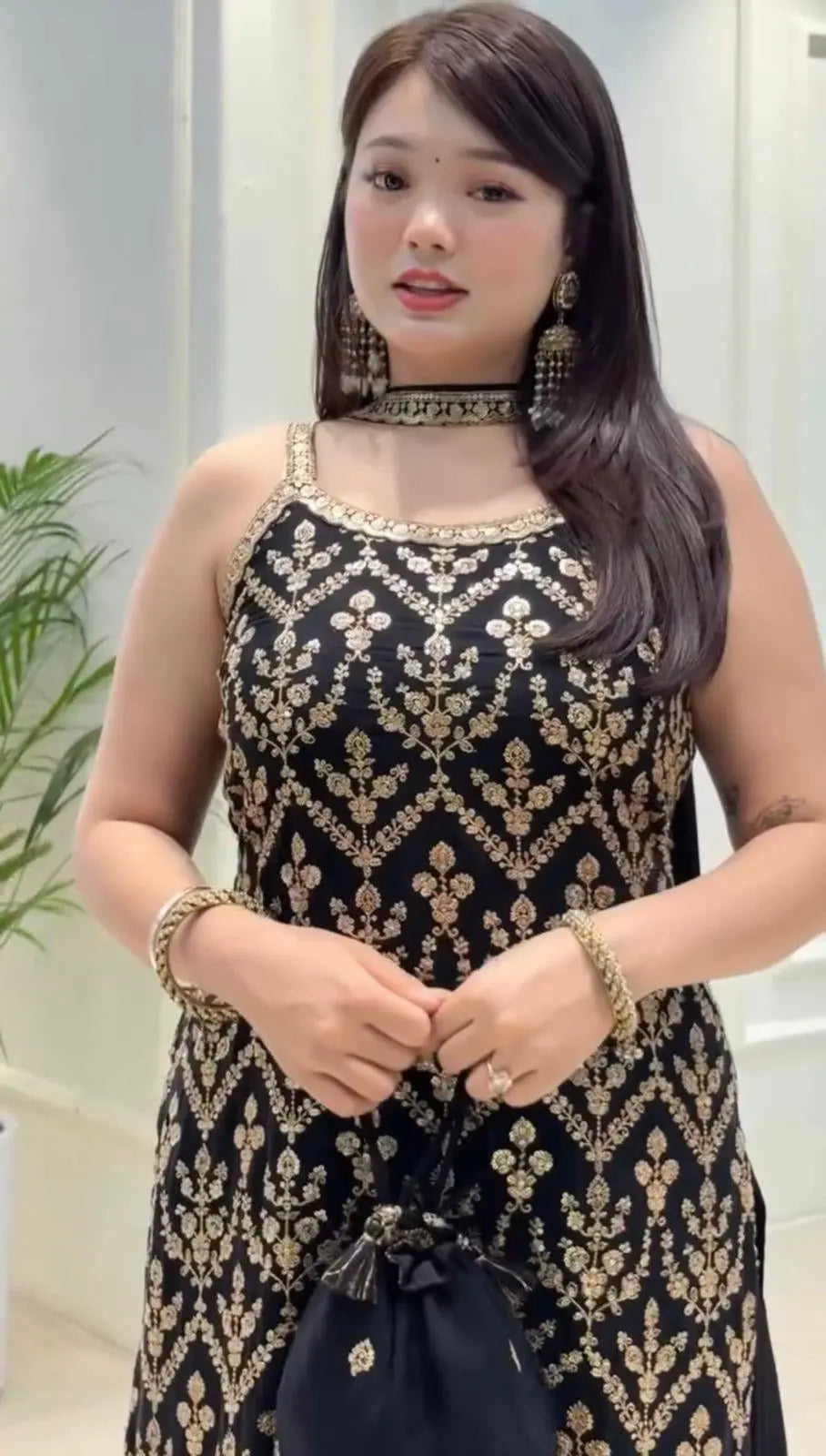 Faux Georgette Sequence Embroidery Work Sleeveless Kurti Sharara Dupatta with Bag Set(Ready to Wear) Ethenika.com