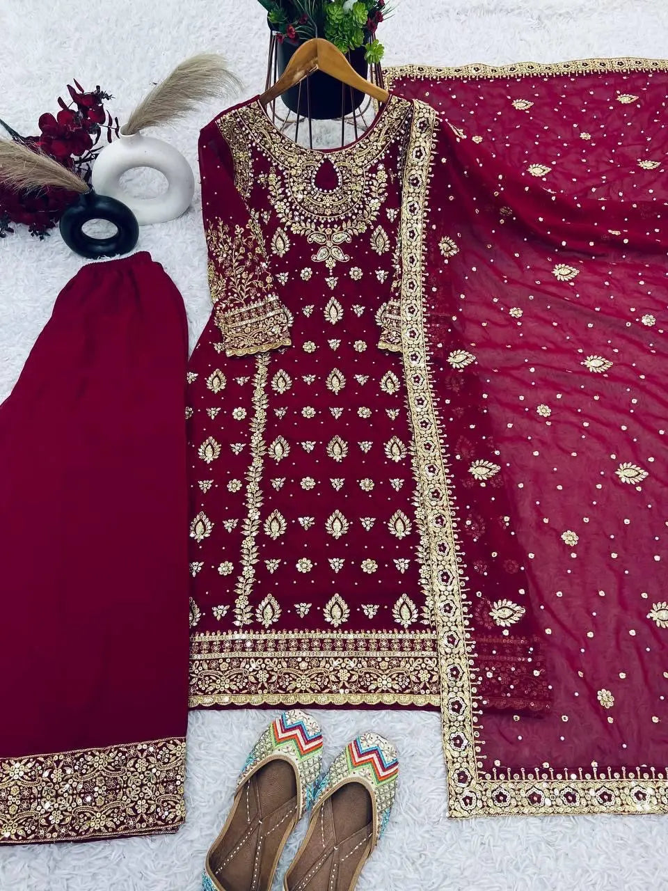 Faux Georgette Sequence Hand Moti and Embroidery work Party Wear Kurti Pant Dupatta Set (Stitched) - Premium from Ethenika.com - Just INR 4590! Shop now at Ethenika.com