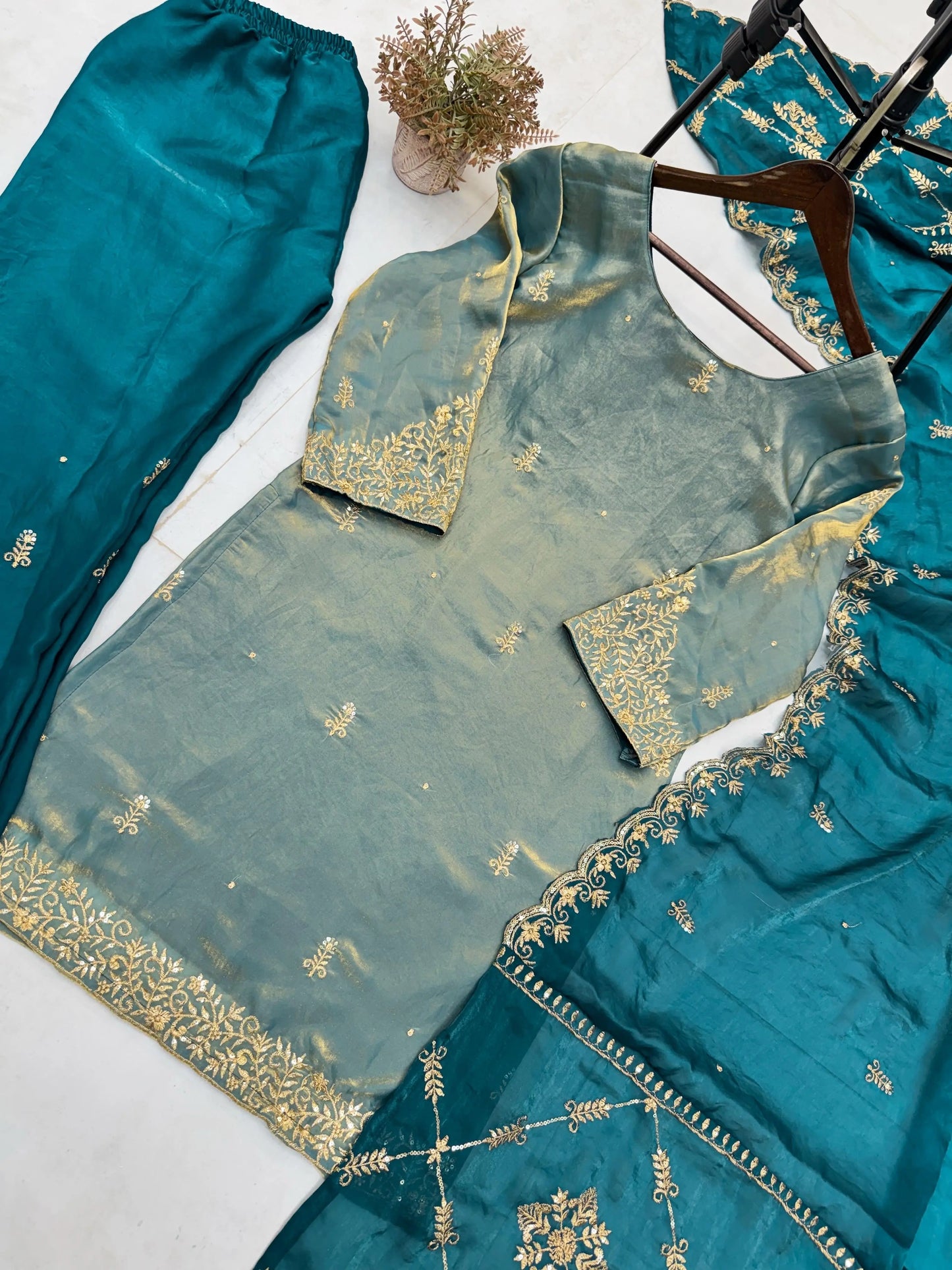 Fendi Silk Fabric Golden Hand Thread Embroidery work Kurti Palazzo Dupatta Set (Stitched) - Premium from Ethenika.com - Just INR 2990! Shop now at Ethenika.com