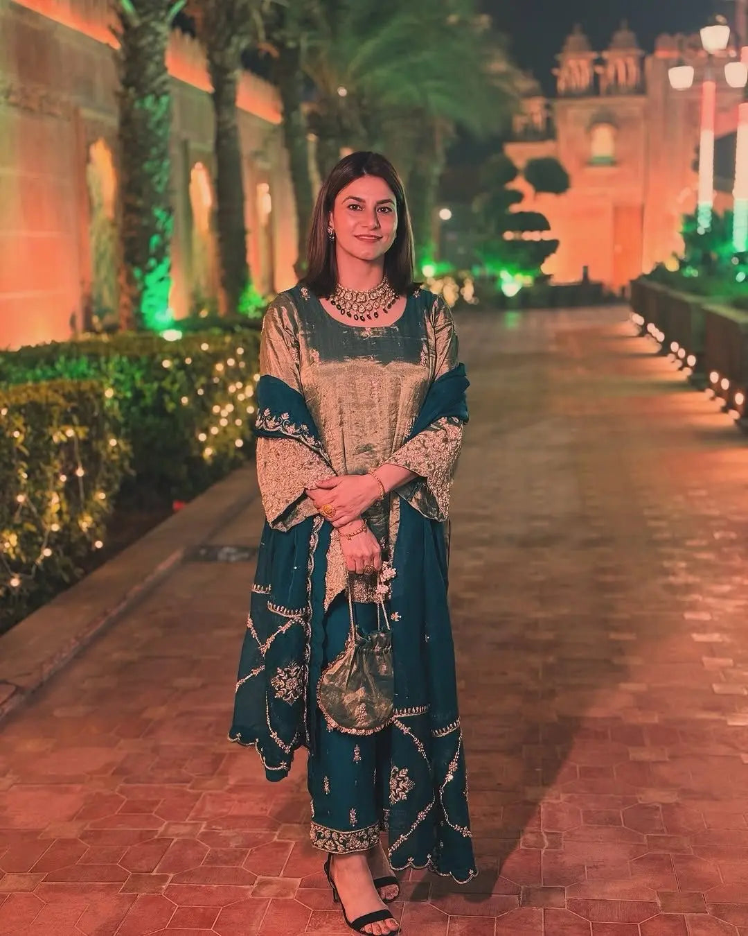 Fendi Silk Fabric Golden Hand Thread Embroidery work Kurti Palazzo Dupatta Set (Stitched) XL(42) Fendi Silk Fabric Golden Hand Thread Embroidery work Kurti Palazzo Dupatta Set (Stitched) XL(42)