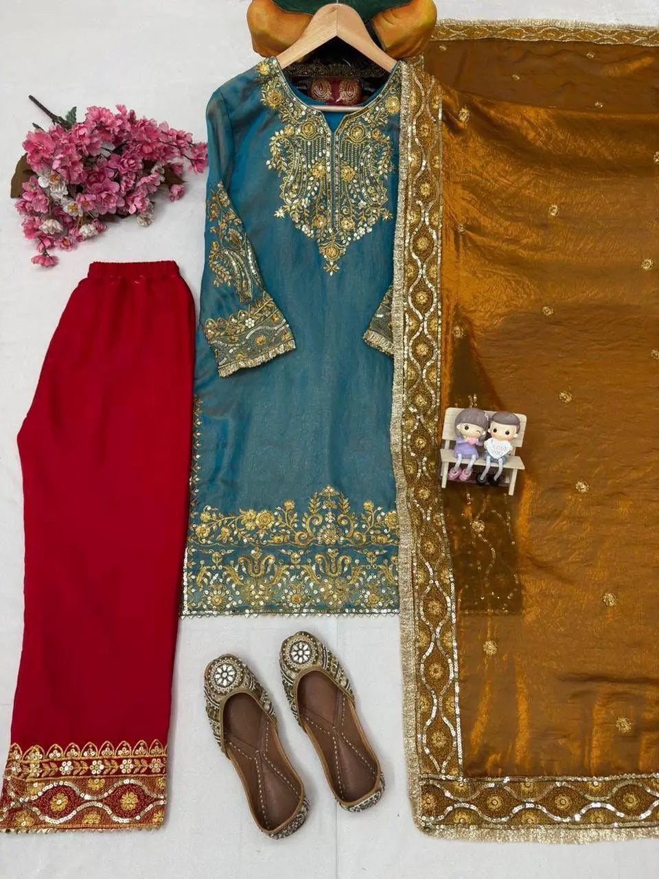 Fendy Silk Zari Embroidery Work Designer Party Wear 3 Pc Kurti Pant Dupatta Set (Ready to Wear) Ethenika.com