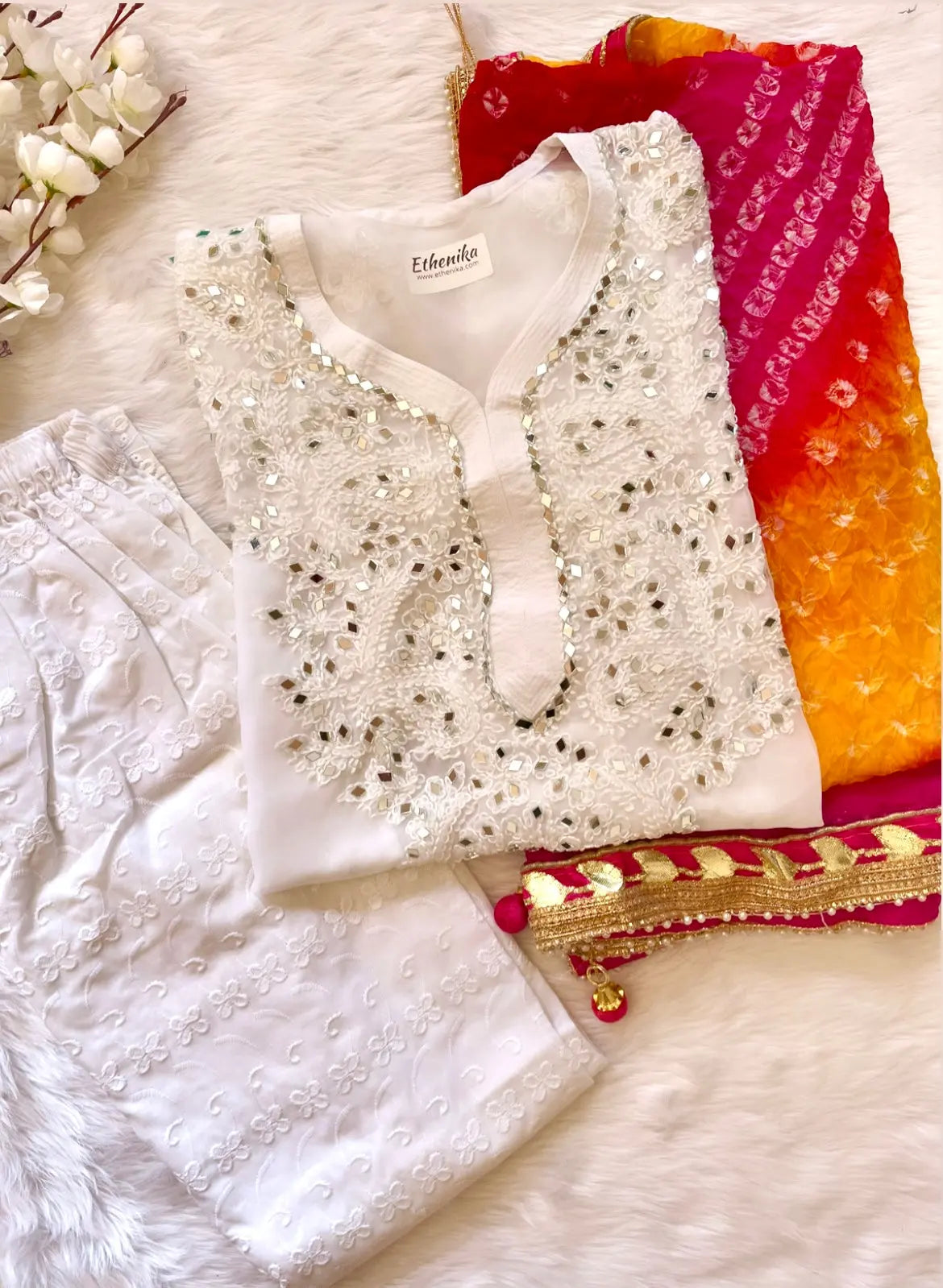 Real Mirror Work Chikankari Kurti with Pant and Bandhani Work Dupatta Set (Stitched) - Premium from Ethenika.com - Just INR 2190! Shop now at Ethenika.com
