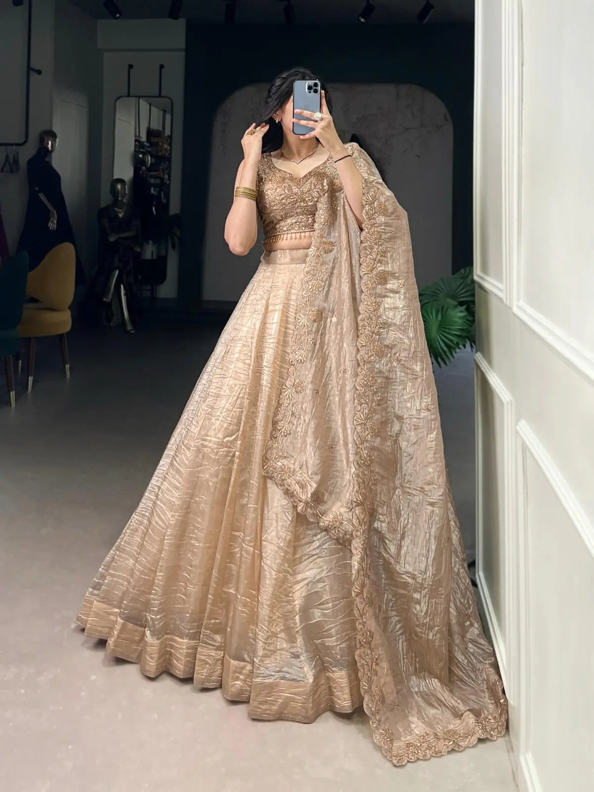 Gold Crush Fabric Party Wear Lehenga Choli Dupatta Set (Ready To Wear) –  Ethenika.com