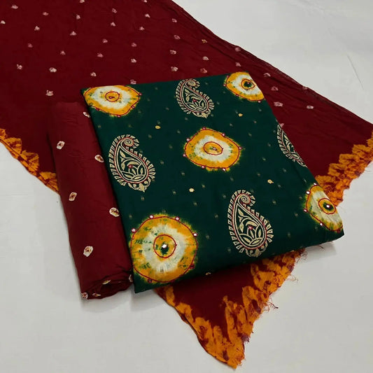 Golden Block Embroidery with mirror thread work bandhani (Unstitched) Ethenika.com