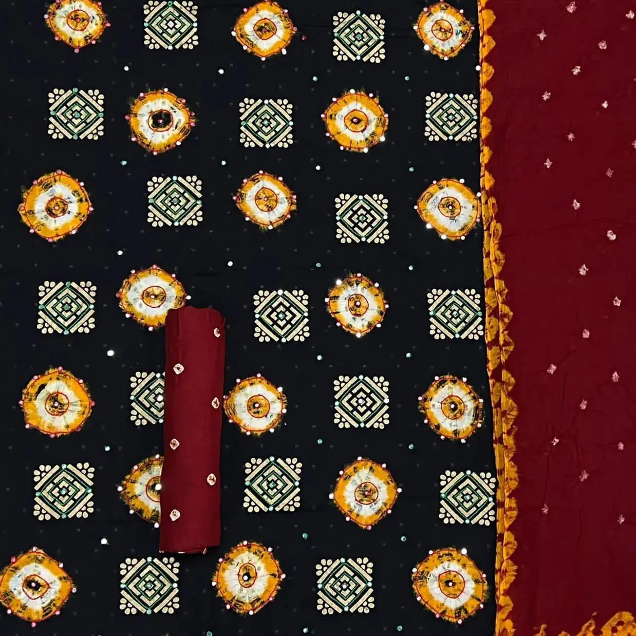 Golden Block Embroidery with mirror thread work bandhani (Unstitched) Ethenika.com