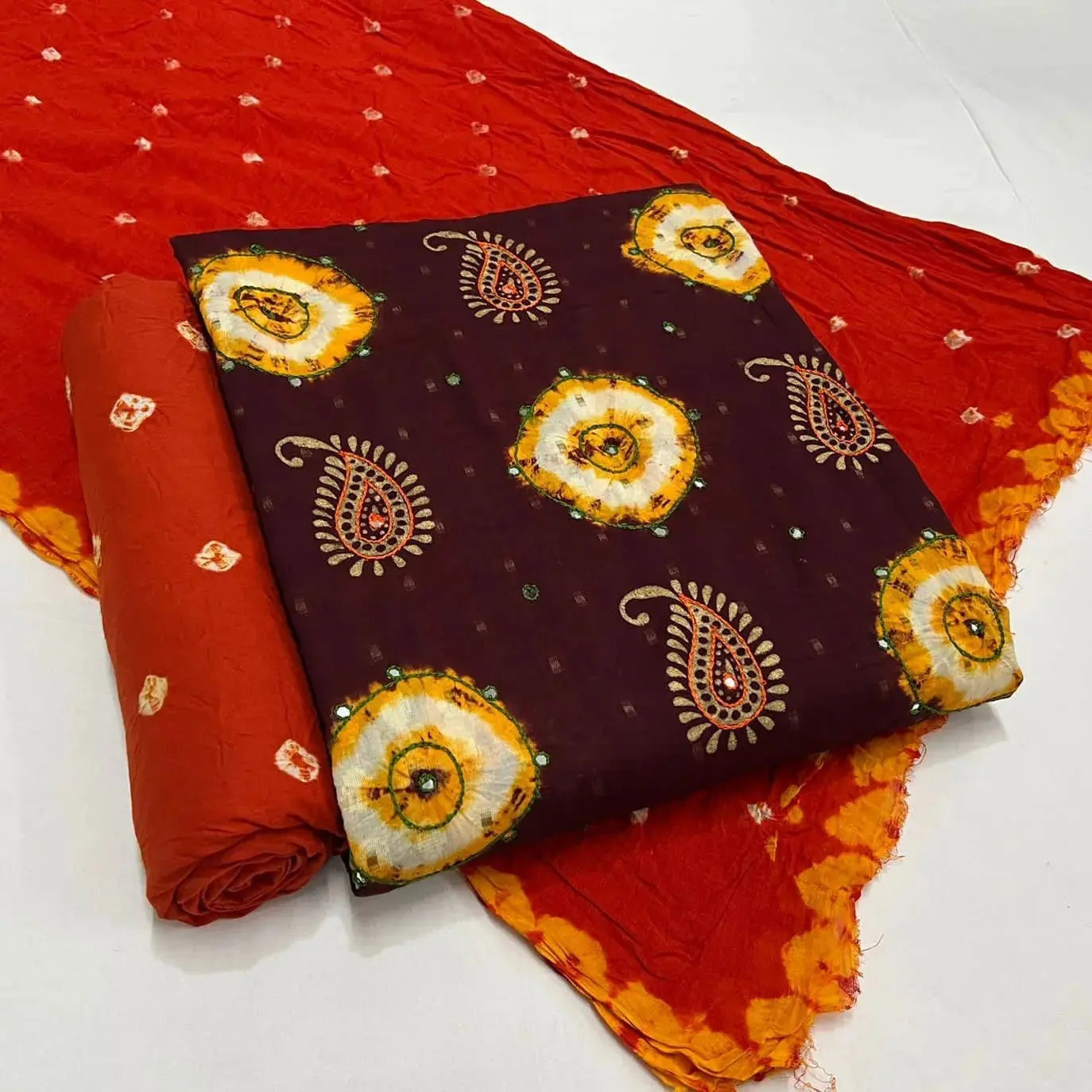 Golden Block Embroidery with mirror thread work bandhani (Unstitched) Ethenika.com