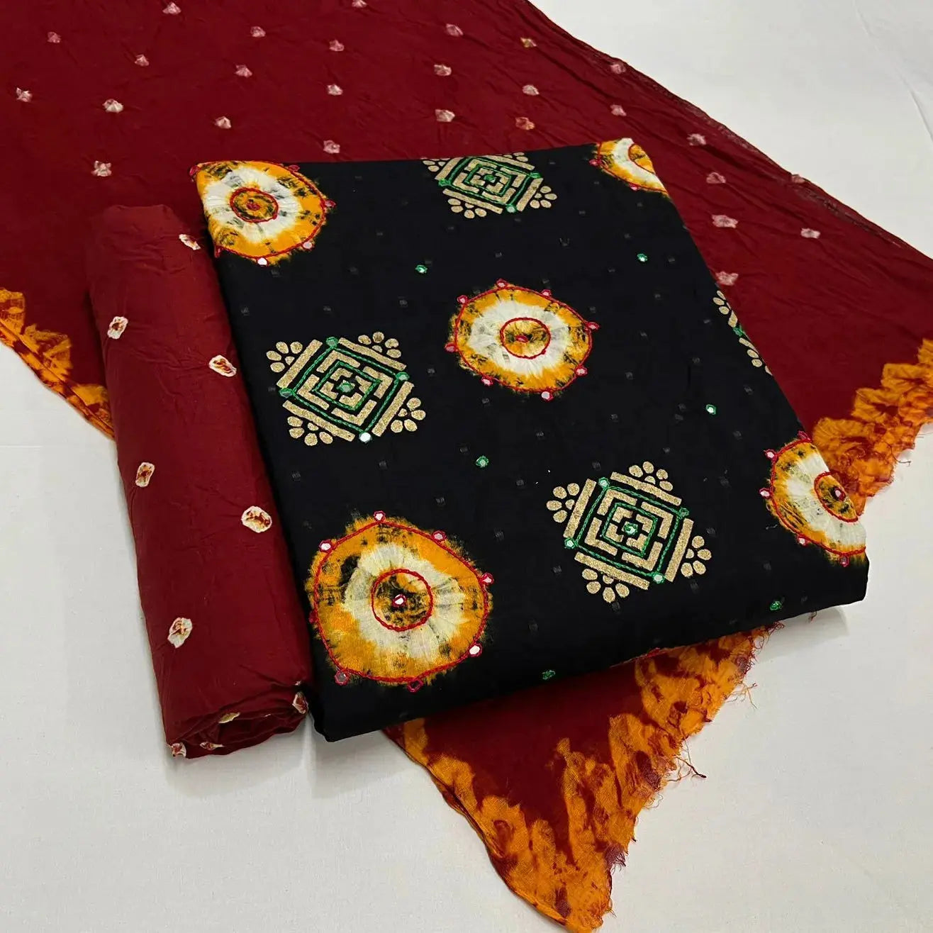 Golden Block Embroidery with mirror thread work bandhani (Unstitched) Ethenika.com