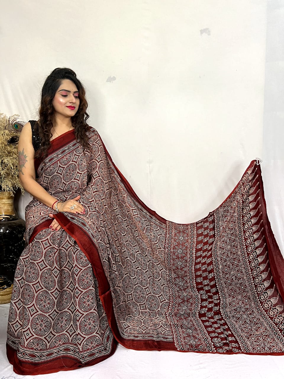 Fine Silk Real Hand Blocked Ajrakh Print Saree - Premium from Ethenika.com - Just INR 4990! Shop now at Ethenika.com