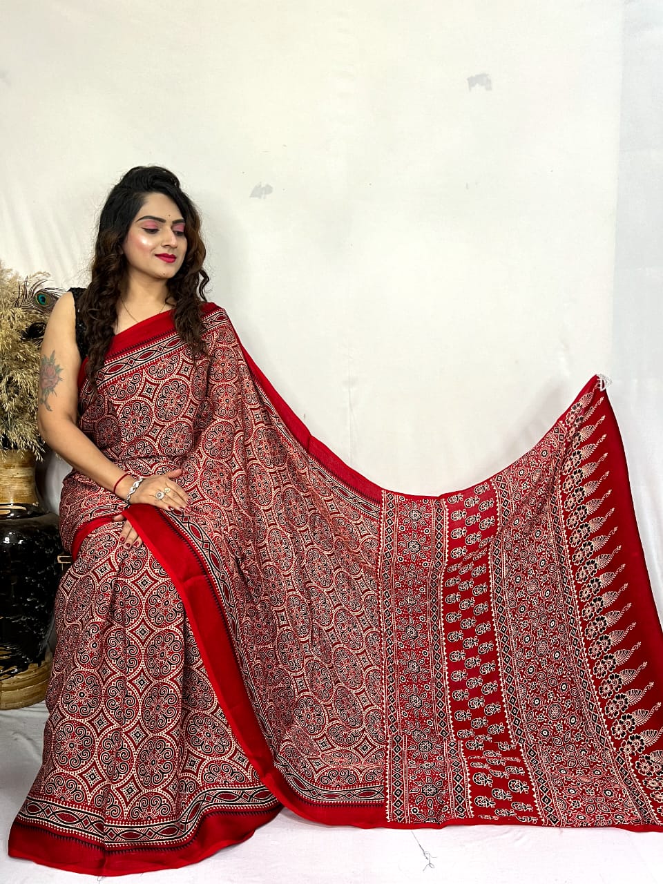 Fine Silk Real Hand Blocked Ajrakh Print Saree - Premium from Ethenika.com - Just INR 4990! Shop now at Ethenika.com