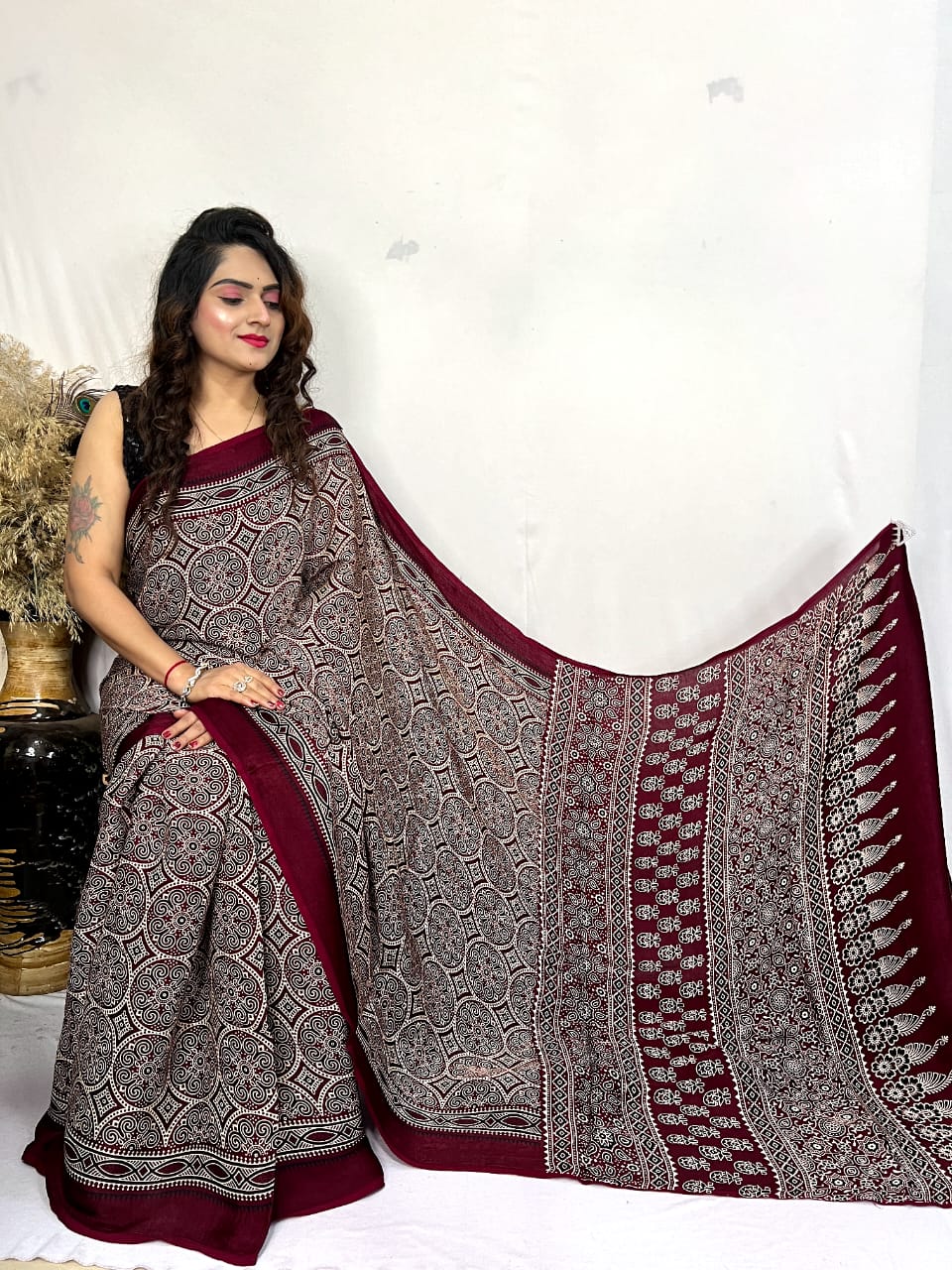 Fine Silk Real Hand Blocked Ajrakh Print Saree - Premium from Ethenika.com - Just INR 4990! Shop now at Ethenika.com