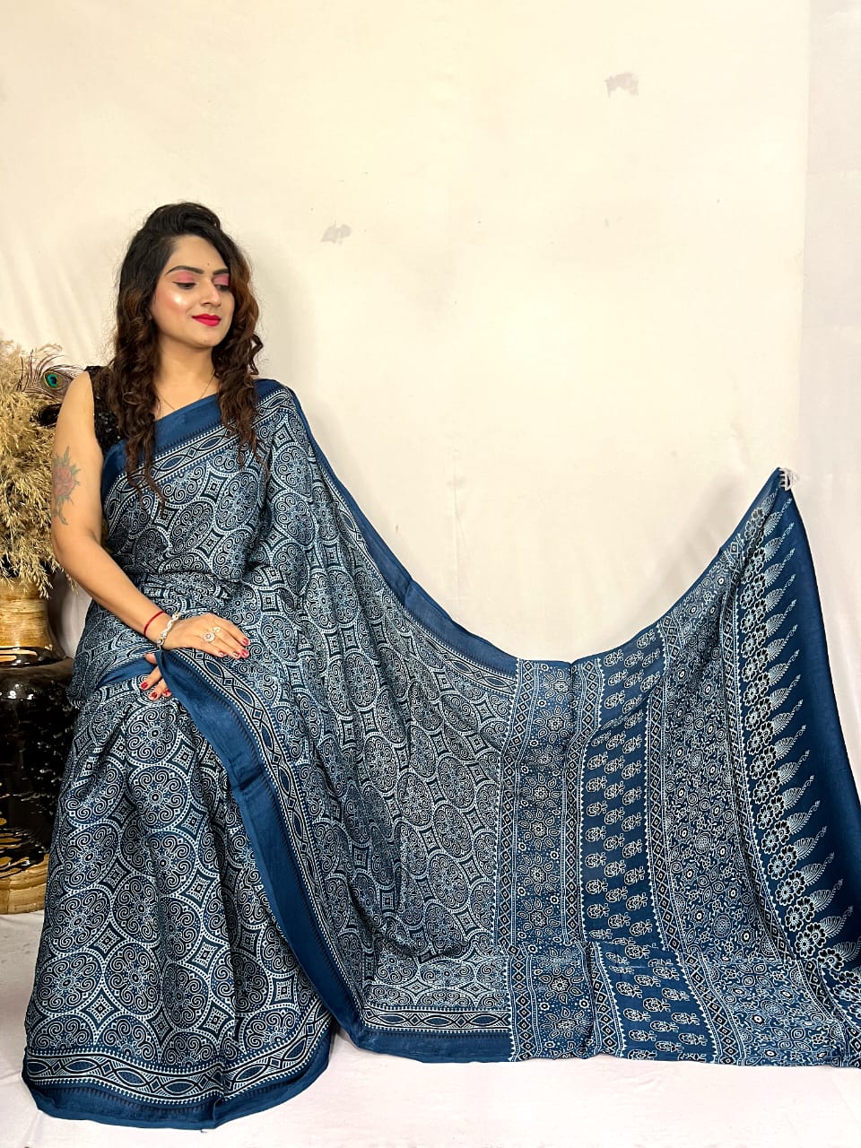 Fine Silk Real Hand Blocked Ajrakh Print Saree - Premium from Ethenika.com - Just INR 4990! Shop now at Ethenika.com