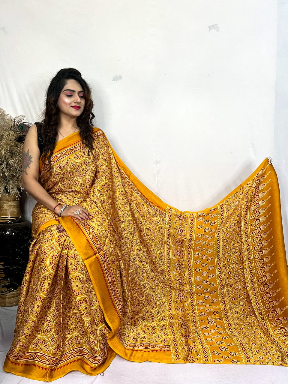 Fine Silk Real Hand Blocked Ajrakh Print Saree - Premium from Ethenika.com - Just INR 4990! Shop now at Ethenika.com