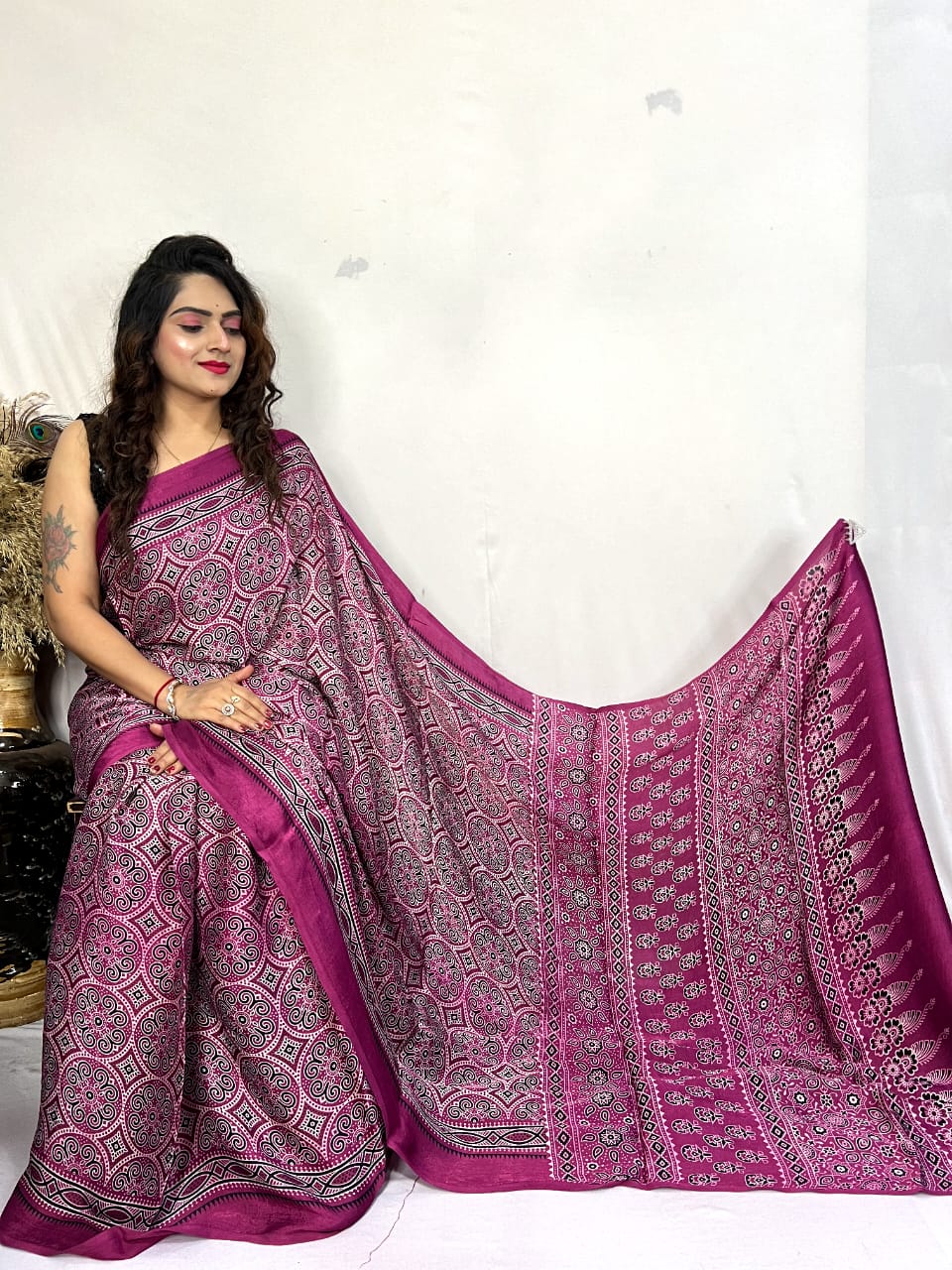 Fine Silk Real Hand Blocked Ajrakh Print Saree - Premium from Ethenika.com - Just INR 4990! Shop now at Ethenika.com