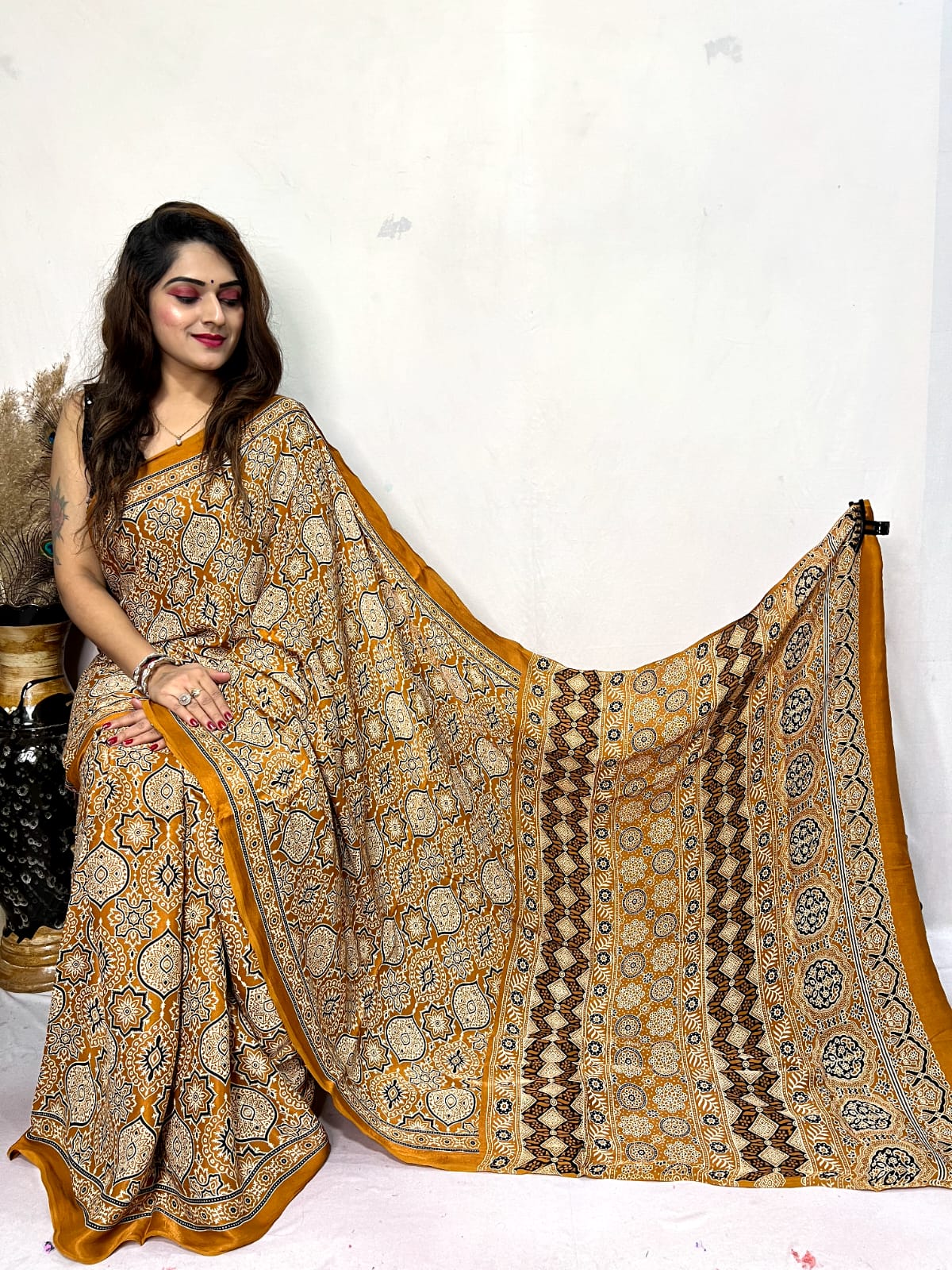 Fine Silk Real Hand Blocked Ajrakh Print Saree - Premium from Ethenika.com - Just INR 4990! Shop now at Ethenika.com