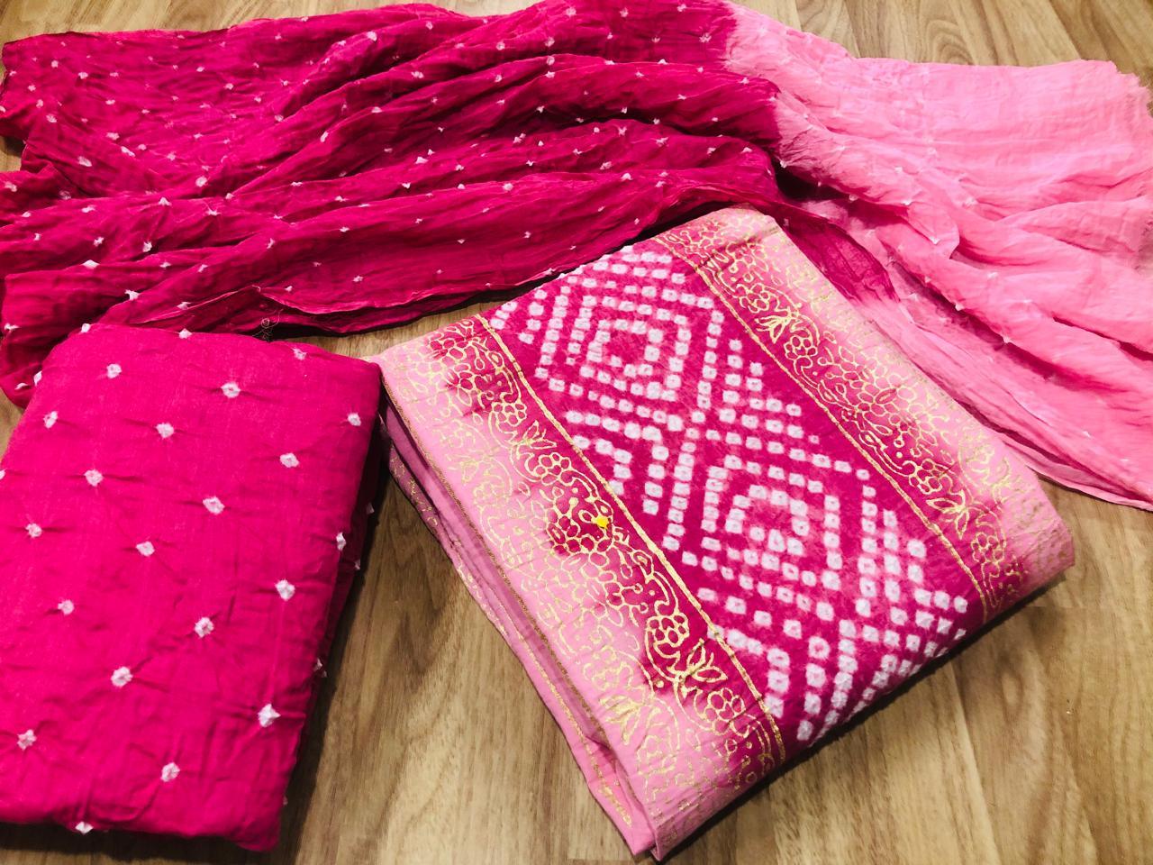 Cotton Hand Blocked with Bandhani Dress Material