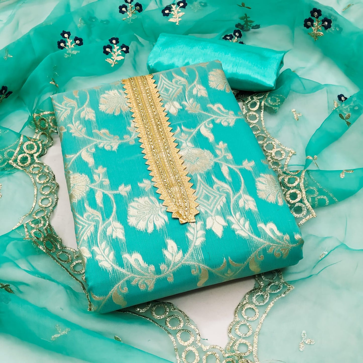 Organza Silk Chanderi Fancy work Dress Material Ethenika.com