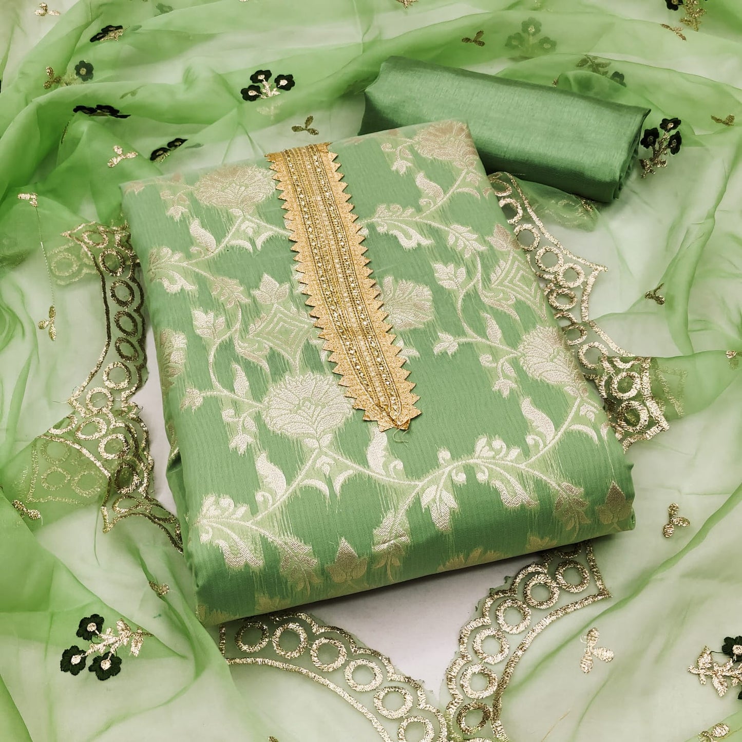 Organza Silk Chanderi Fancy work Dress Material Ethenika.com