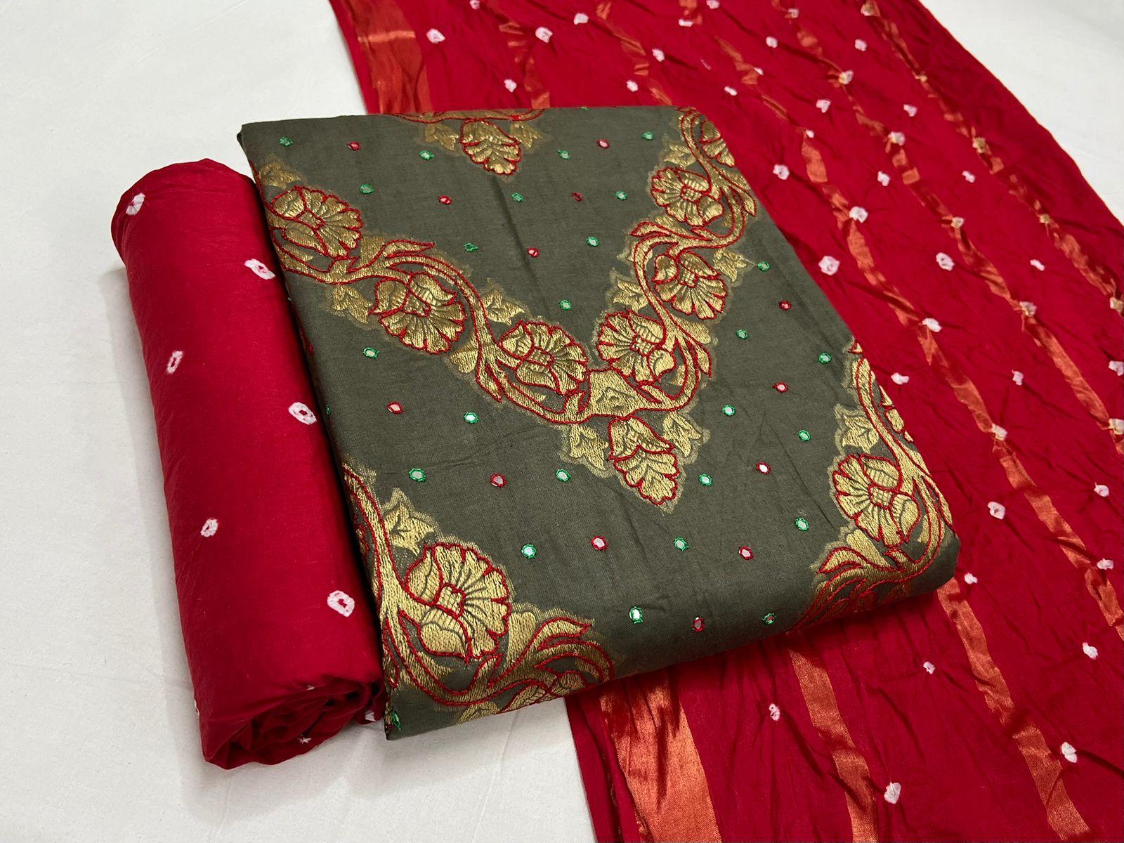 Cotton Thread Embroidery Mirror Work Bandhani Suit Ethenika.com