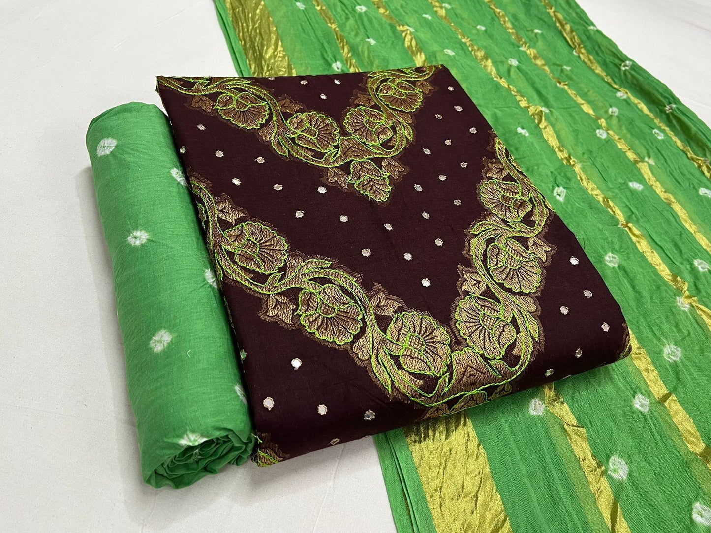 Cotton Thread Embroidery Mirror Work Bandhani Suit Ethenika.com