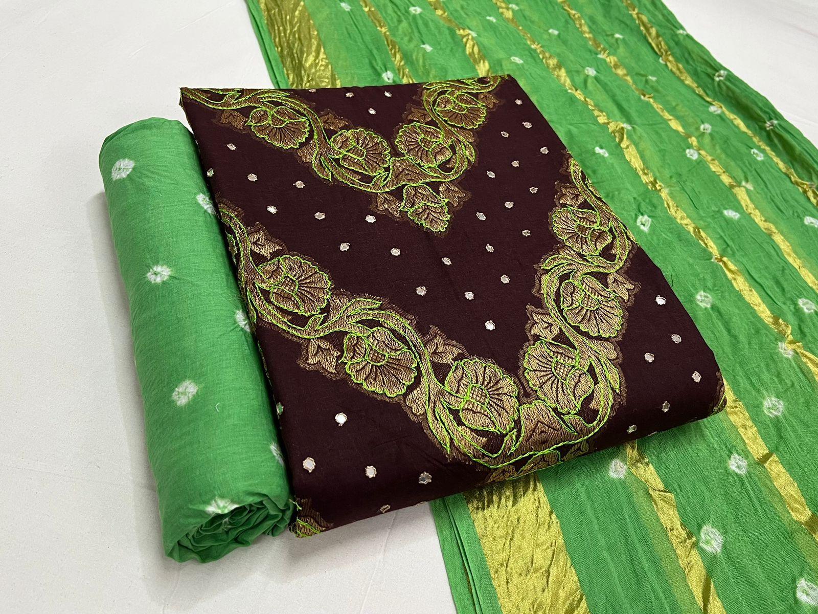 Cotton Thread Embroidery Mirror Work Bandhani Suit Ethenika.com