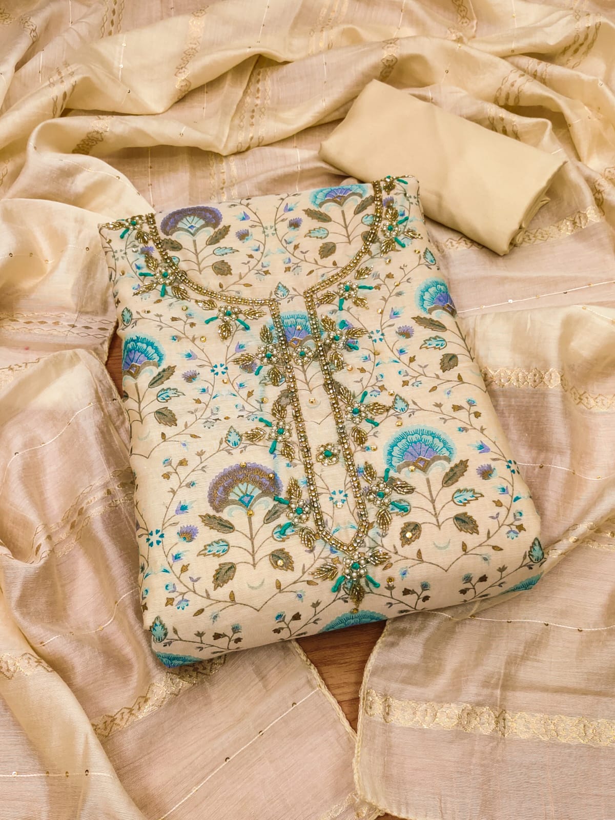 Chanderi Fancy Neck work Printed Dress Material Ethenika.com
