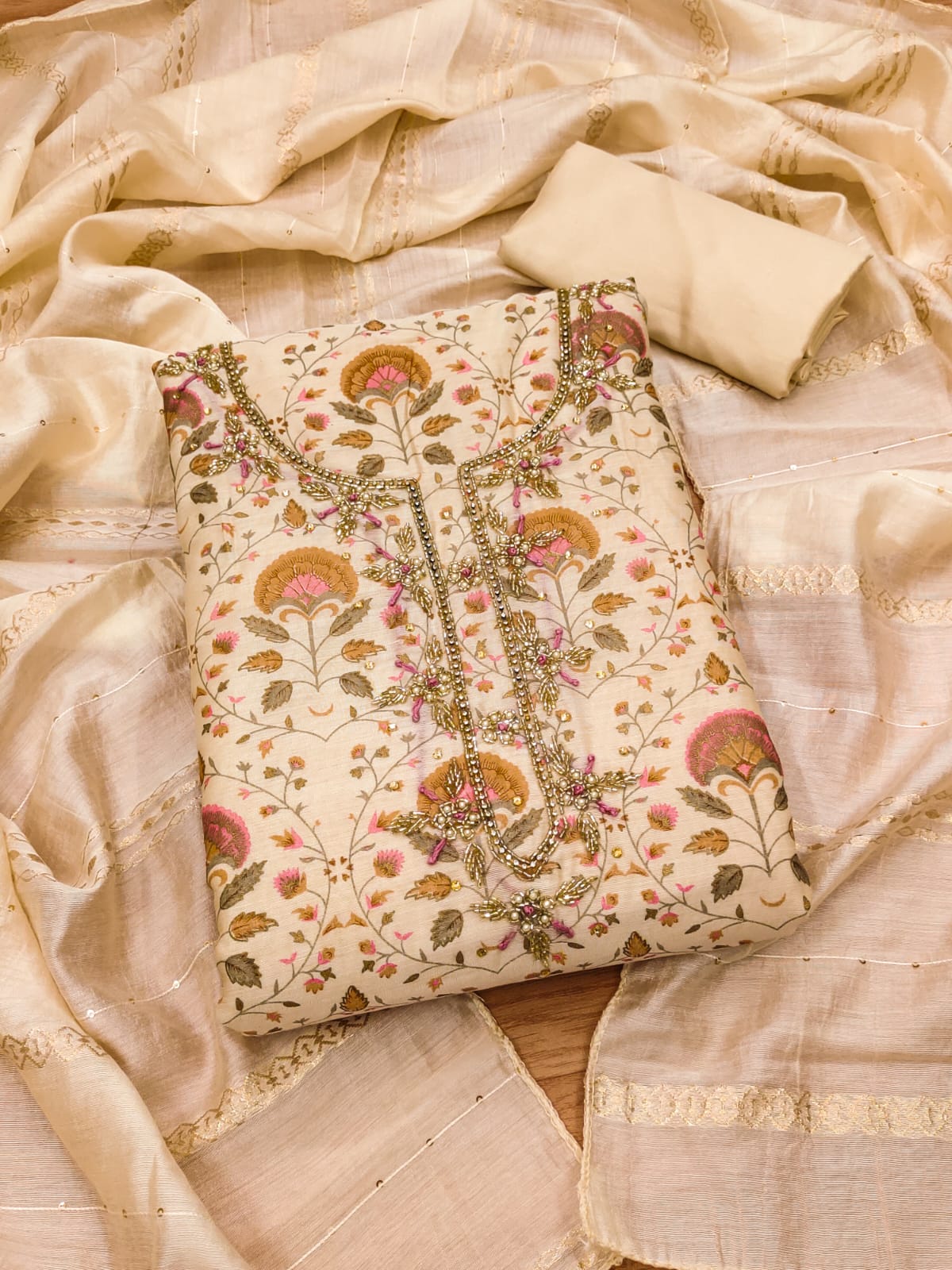 Chanderi Fancy Neck work Printed Dress Material Ethenika.com