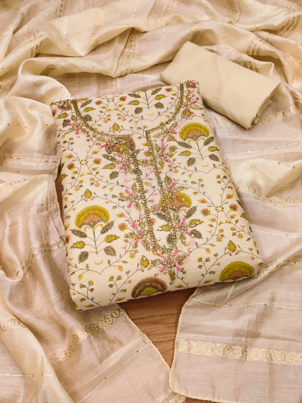 Chanderi Fancy Neck work Printed Dress Material Ethenika.com