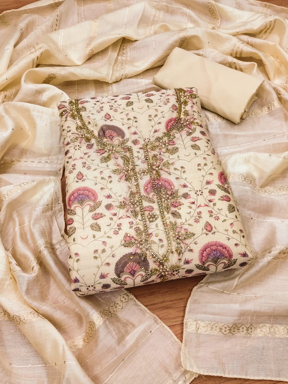 Chanderi Fancy Neck work Printed Dress Material Ethenika.com