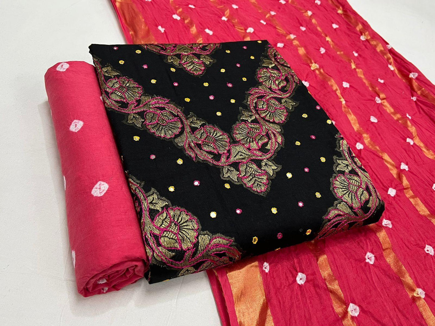 Cotton Thread Embroidery Mirror Work Bandhani Suit Ethenika.com