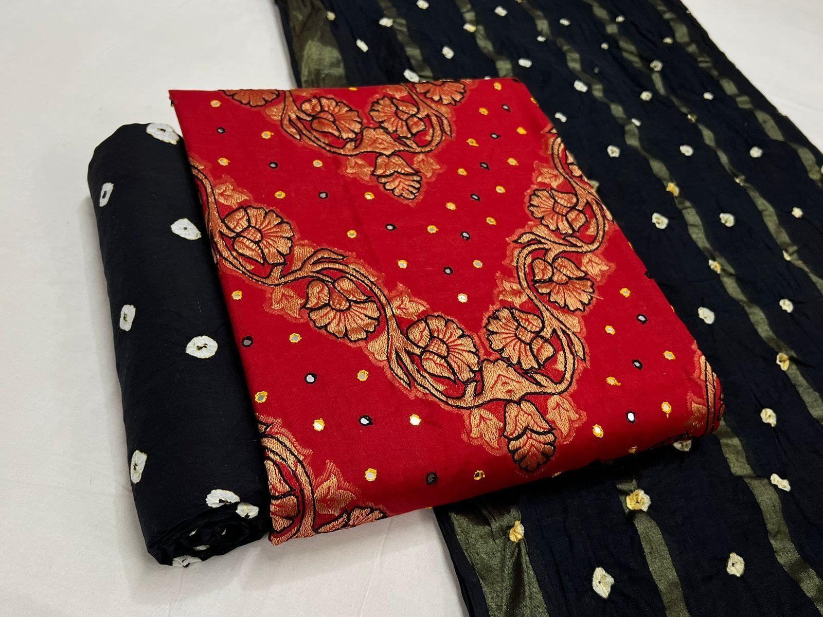 Cotton Thread Embroidery Mirror Work Bandhani Suit