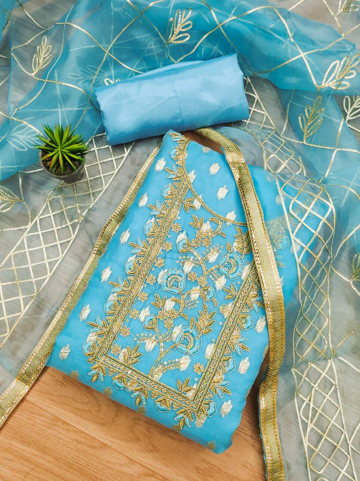 Organza Jeckard Neckwork Women Unstitched Salwar Suit Ethenika.com