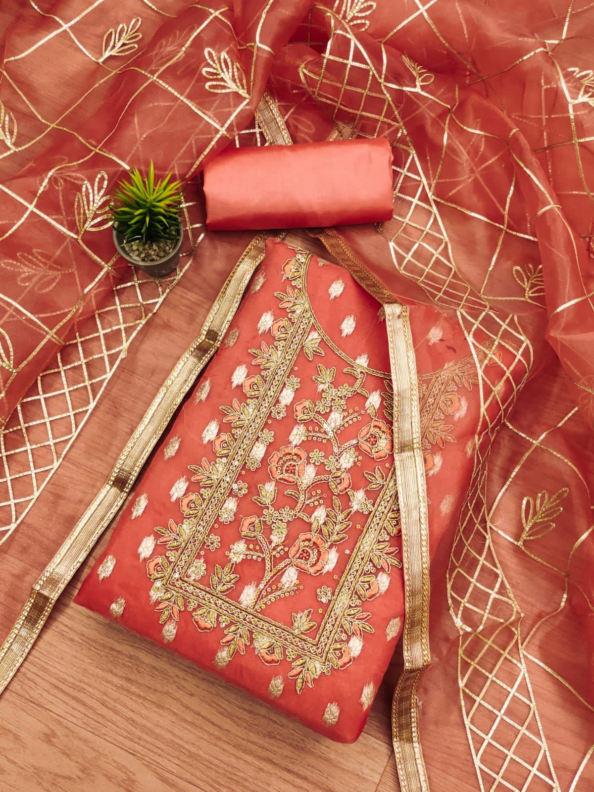 Organza Jeckard Neckwork Women Unstitched Salwar Suit Ethenika.com