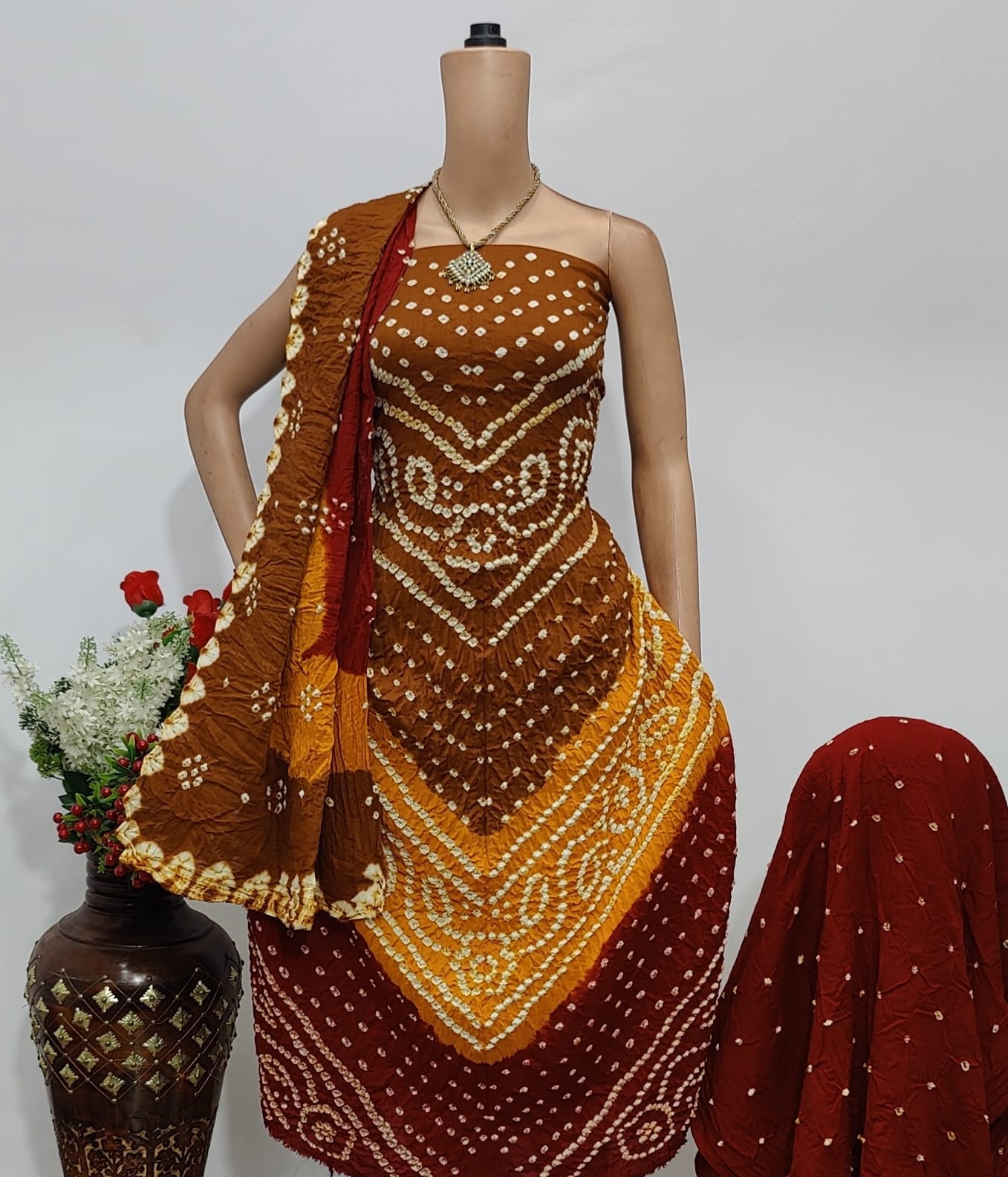 Cotton Satin V panel Multi Colour Kutch Bandhani Material - Premium from Ethenika.com - Just INR 1690! Shop now at Ethenika.com